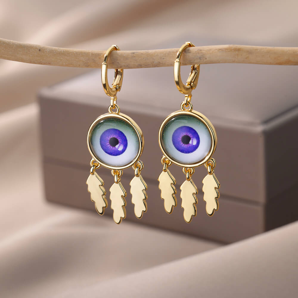 Round Evil Eye Stud Earrings for Women Gold Plated Stainless Steel Feather Earrings Vintage Aesthetic Jewelry Christmas Gifts