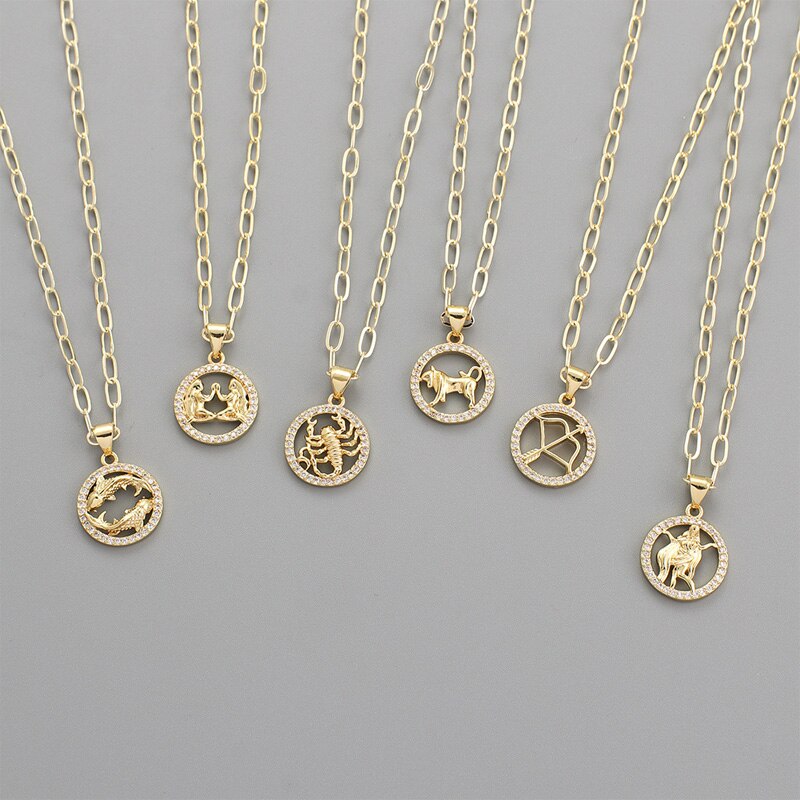Round Hollow 12 Zodiac Sign Necklace For Women Girl Retro Stainless Steel Gold Color Necklaces Constellations Zirconia Jewelry
