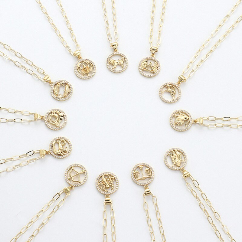 Round Hollow 12 Zodiac Sign Necklace For Women Girl Retro Stainless Steel Gold Color Necklaces Constellations Zirconia Jewelry