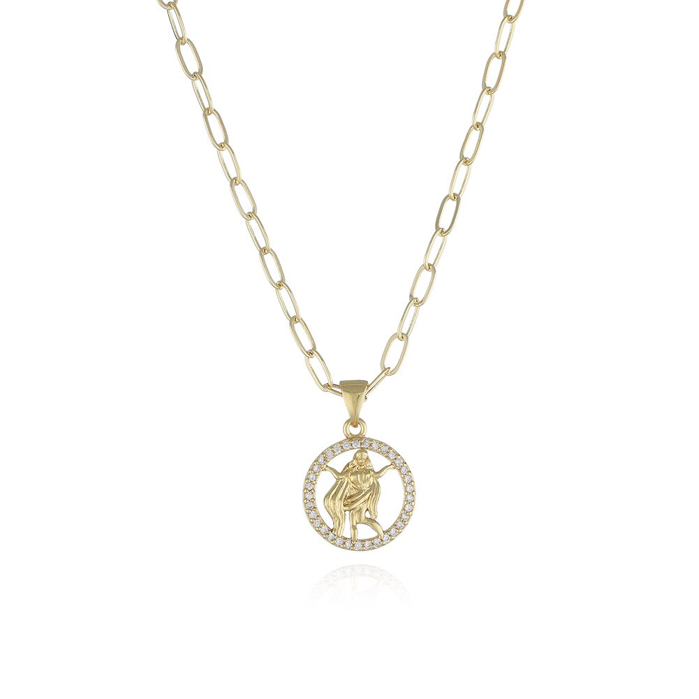 Round Hollow 12 Zodiac Sign Necklace For Women Girl Retro Stainless Steel Gold Color Necklaces Constellations Zirconia Jewelry