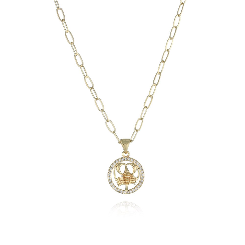 Round Hollow 12 Zodiac Sign Necklace For Women Girl Retro Stainless Steel Gold Color Necklaces Constellations Zirconia Jewelry