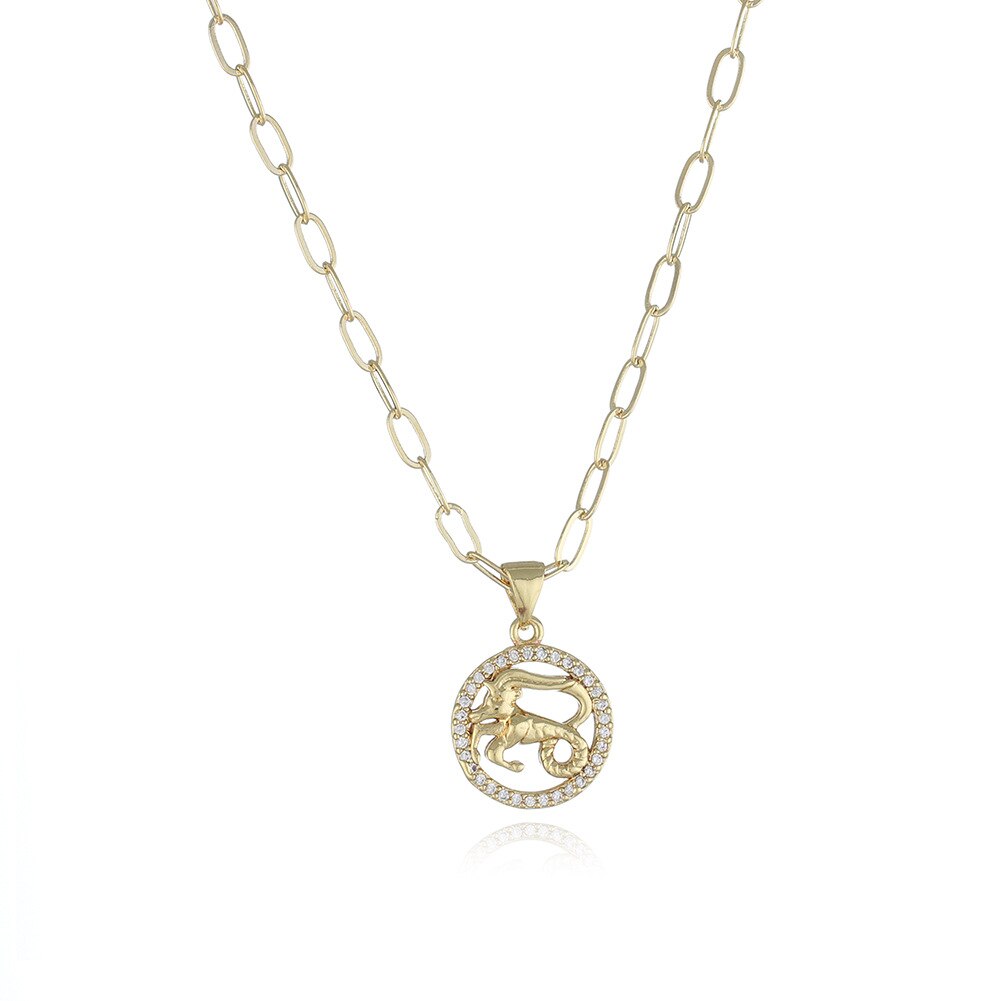 Round Hollow 12 Zodiac Sign Necklace For Women Girl Retro Stainless Steel Gold Color Necklaces Constellations Zirconia Jewelry