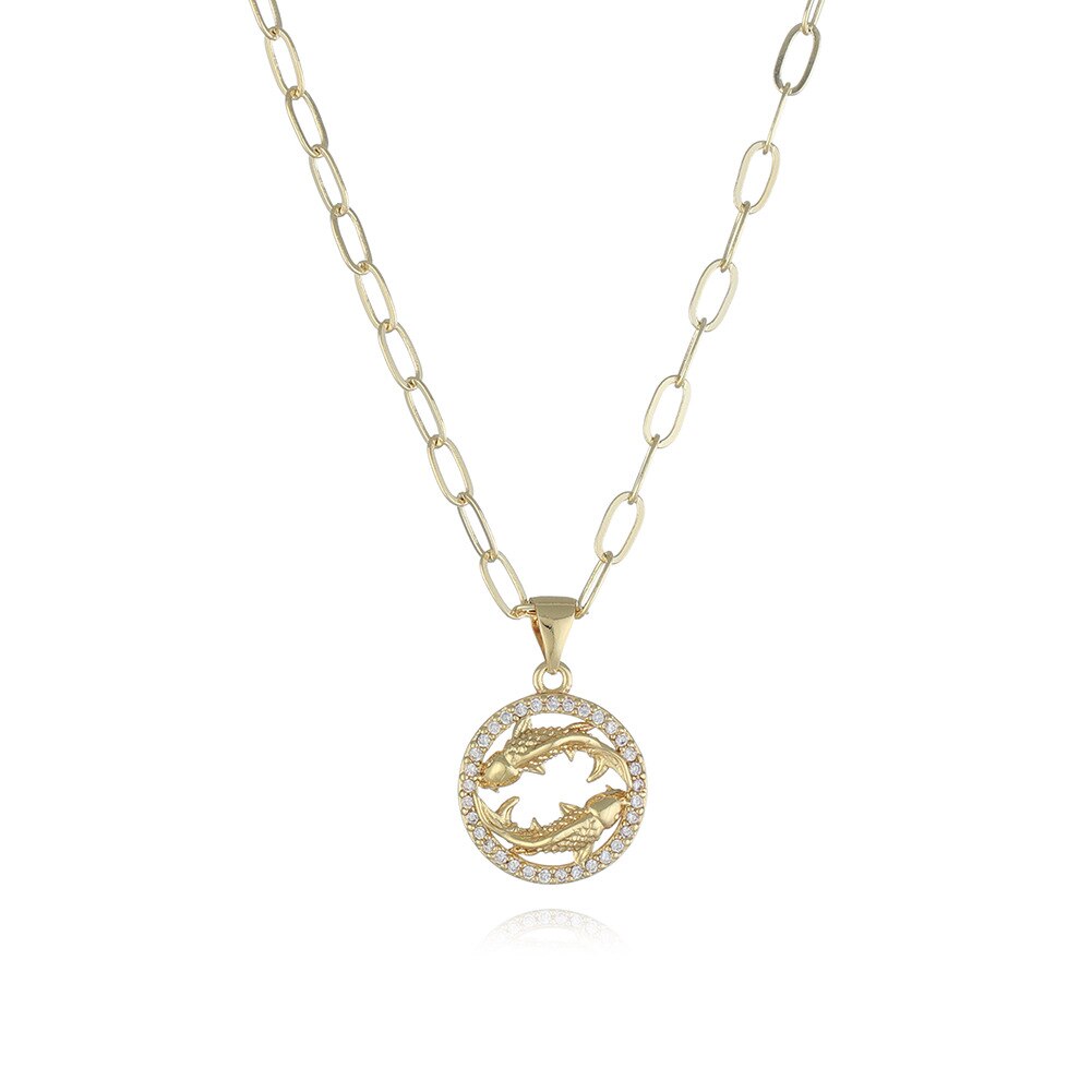 Round Hollow 12 Zodiac Sign Necklace For Women Girl Retro Stainless Steel Gold Color Necklaces Constellations Zirconia Jewelry