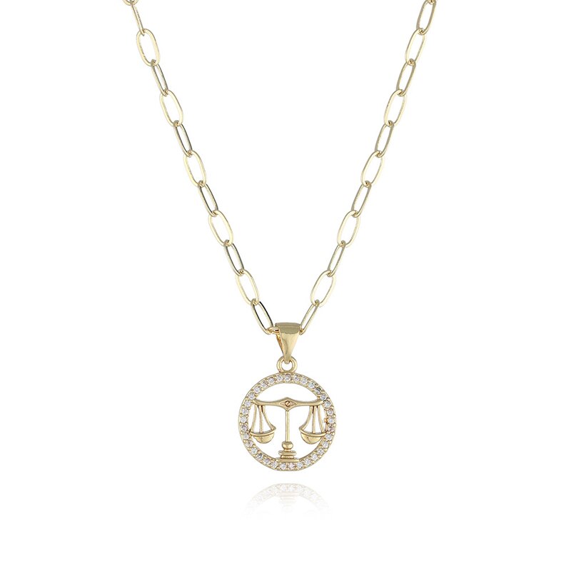 Round Hollow 12 Zodiac Sign Necklace For Women Girl Retro Stainless Steel Gold Color Necklaces Constellations Zirconia Jewelry