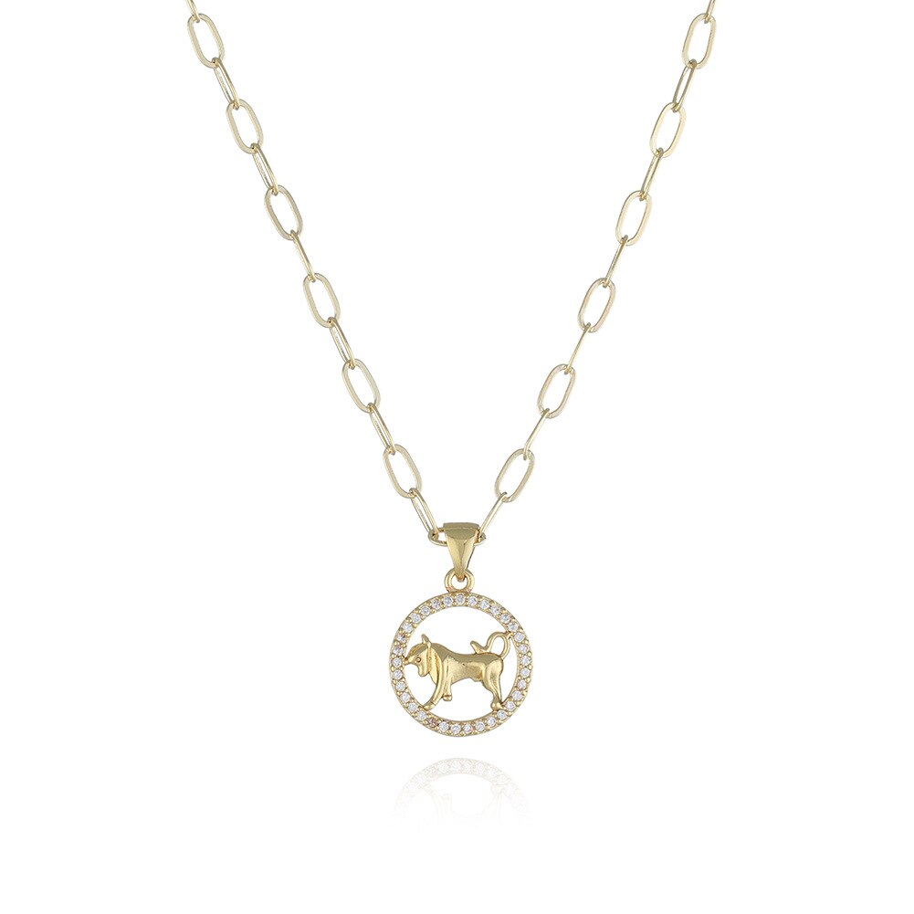 Round Hollow 12 Zodiac Sign Necklace For Women Girl Retro Stainless Steel Gold Color Necklaces Constellations Zirconia Jewelry