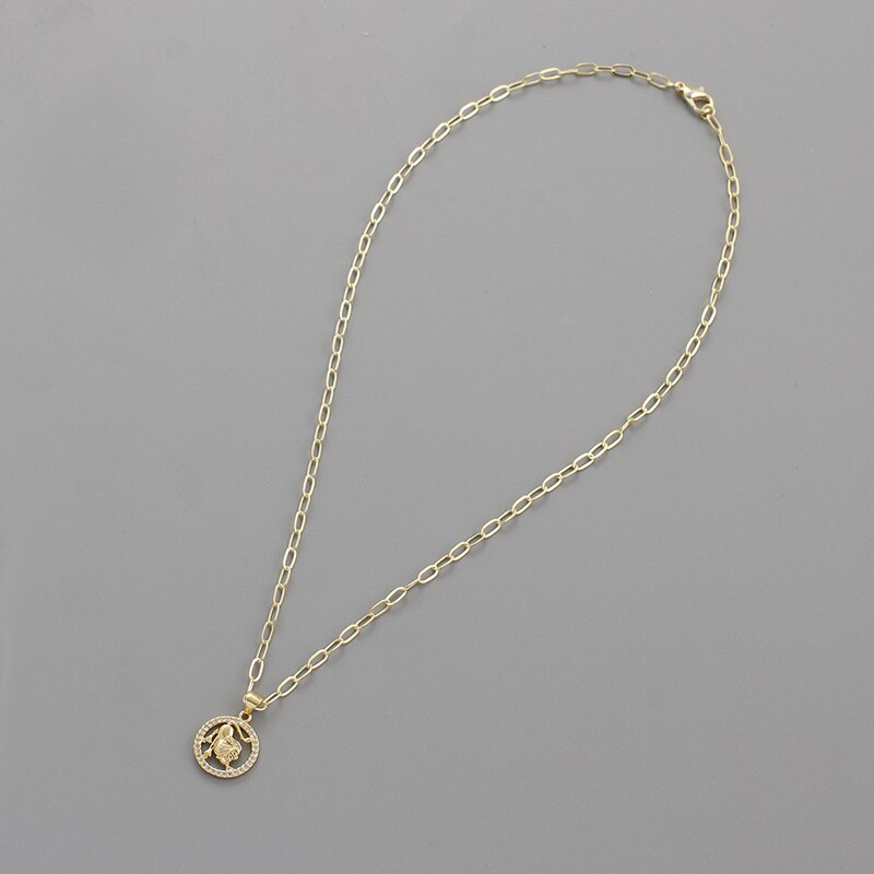 Round Hollow 12 Zodiac Sign Necklace For Women Girl Retro Stainless Steel Gold Color Necklaces Constellations Zirconia Jewelry