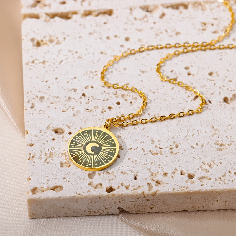 Round Moon Pendant Necklace for Women Stainless Steel Gold Color Chains Necklaces 2023 Trend Aesthetic Jewelry collares mujer