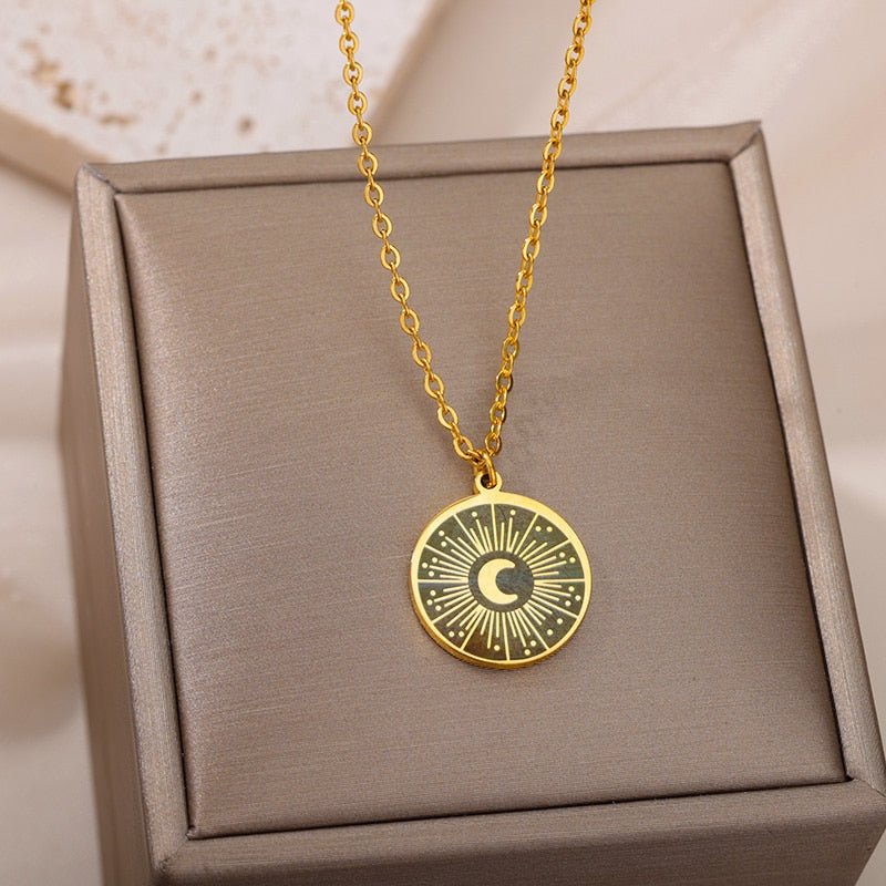 Round Moon Pendant Necklace for Women Stainless Steel Gold Color Chains Necklaces 2023 Trend Aesthetic Jewelry collares mujer