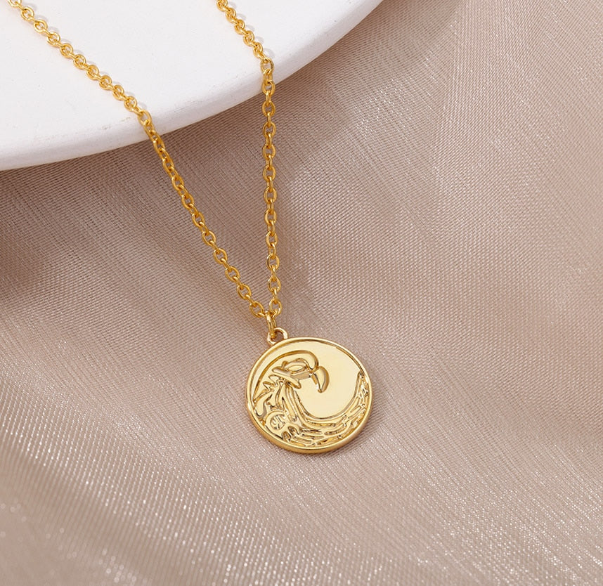 Round Ocean Wave Pendant Necklace for Women Stainless Steel Gold  Color Necklaces 2023 Trend Choker Couple Jewerly collar