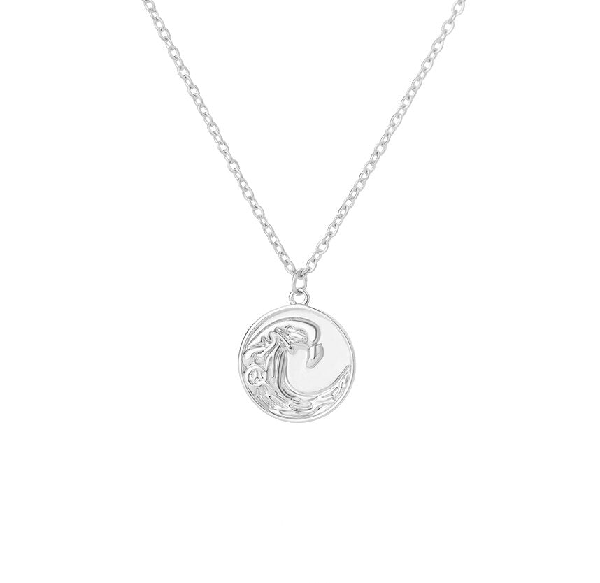 Round Ocean Wave Pendant Necklace for Women Stainless Steel Gold  Color Necklaces 2023 Trend Choker Couple Jewerly collar