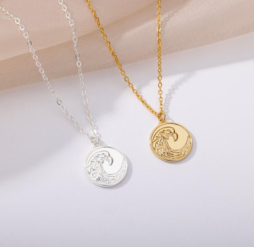 Round Ocean Wave Pendant Necklace for Women Stainless Steel Gold  Color Necklaces 2023 Trend Choker Couple Jewerly collar