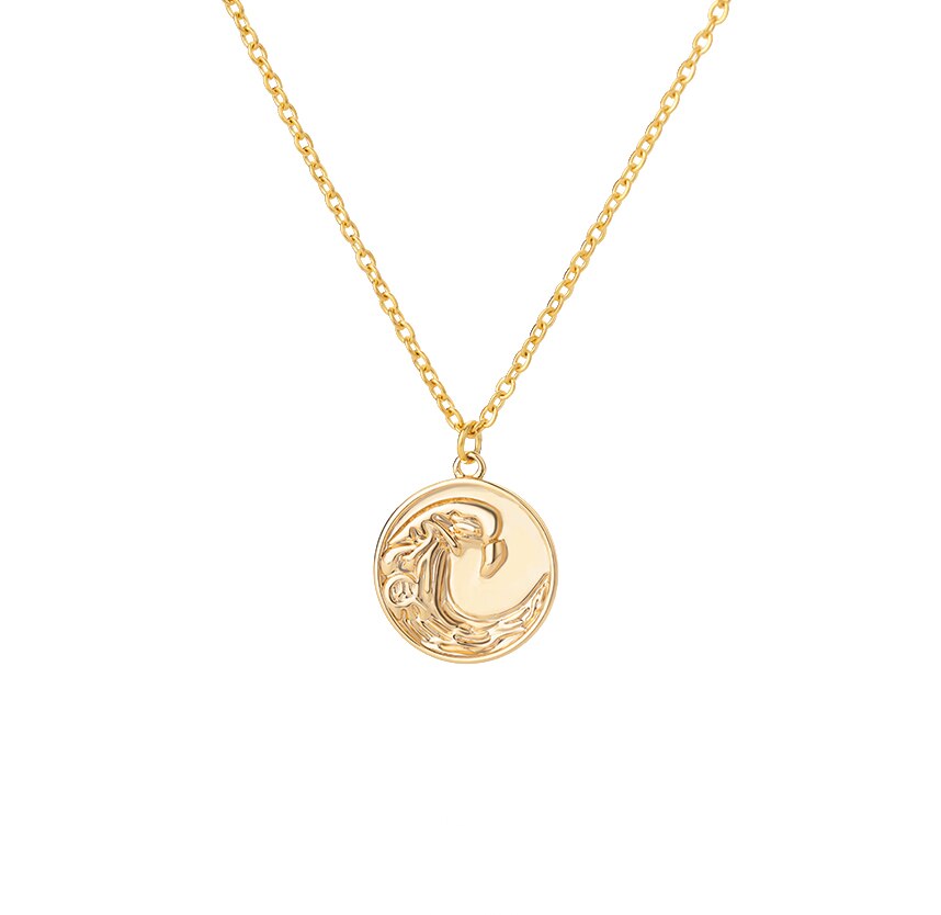 Round Ocean Wave Pendant Necklace for Women Stainless Steel Gold  Color Necklaces 2023 Trend Choker Couple Jewerly collar
