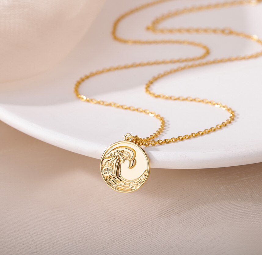 Round Ocean Wave Pendant Necklace for Women Stainless Steel Gold  Color Necklaces 2023 Trend Choker Couple Jewerly collar