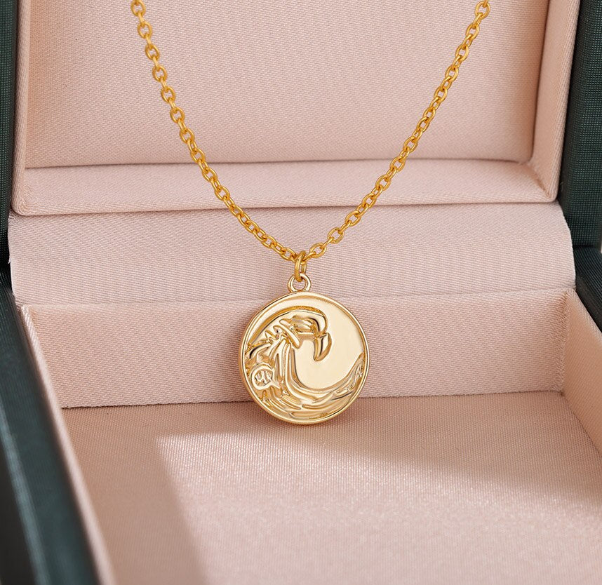 Round Ocean Wave Pendant Necklace for Women Stainless Steel Gold  Color Necklaces 2023 Trend Choker Couple Jewerly collar
