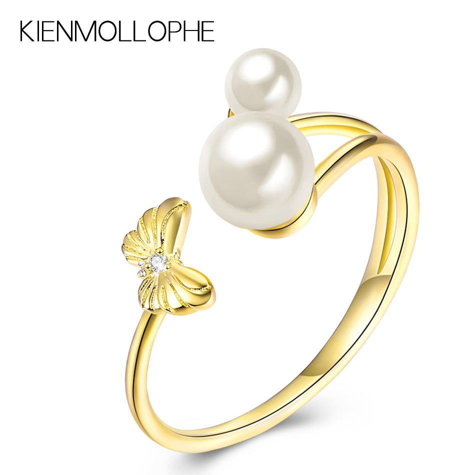 Round Pearl Gold Color 925 Sterling Silver Finger Rings for Women Trendy Party Birthd Wedding Bands Rings Silver Jewelry BAA32