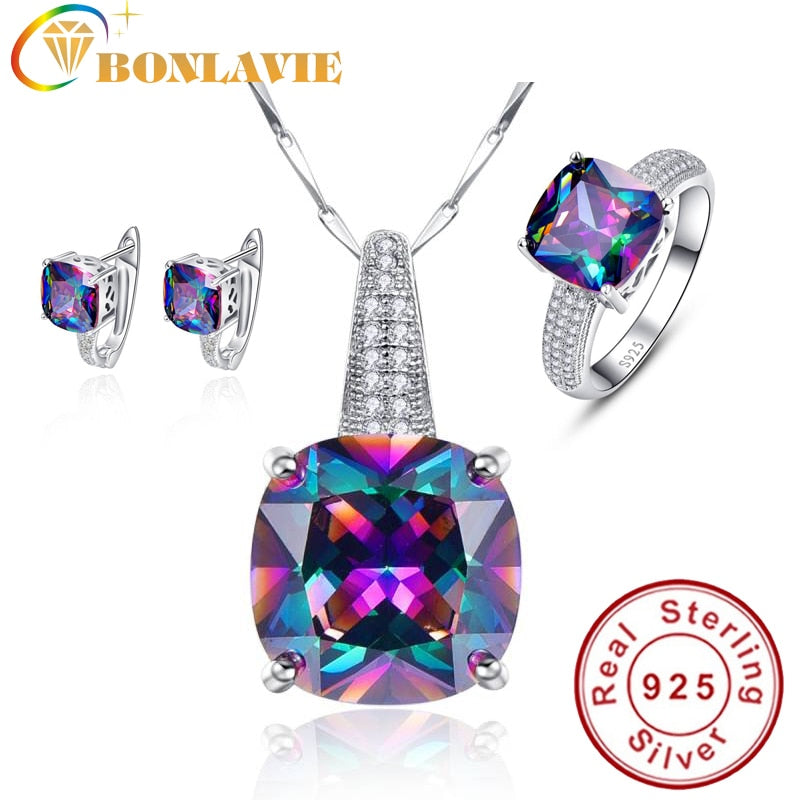 Round Real Rainbow Mystic Colorful Topaz Pendant Necklace/Ring/Earring For Women Wedding Gift Jewelry Set 925 Sterling-Silver