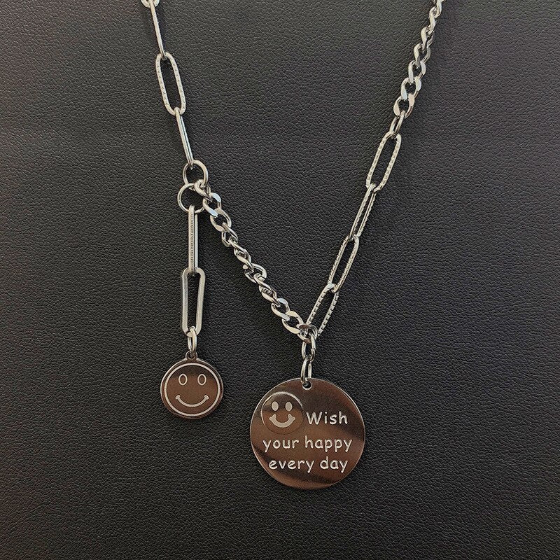 Round Smiley Face Letter Titanium Steel Necklace Niche Design Sense Dashion Men And Women Trend Geometric Personality Jewelry