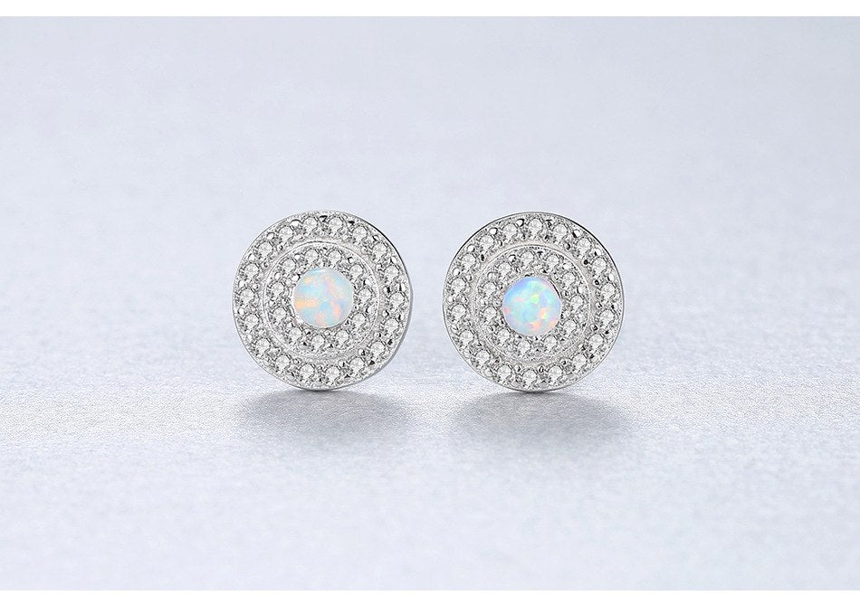 Round Stud Earrings White Fire Opal Cubic Zircon 925 Sterling Silver Earrings Wholesale Three Color Women Jewelry Stud Earrings