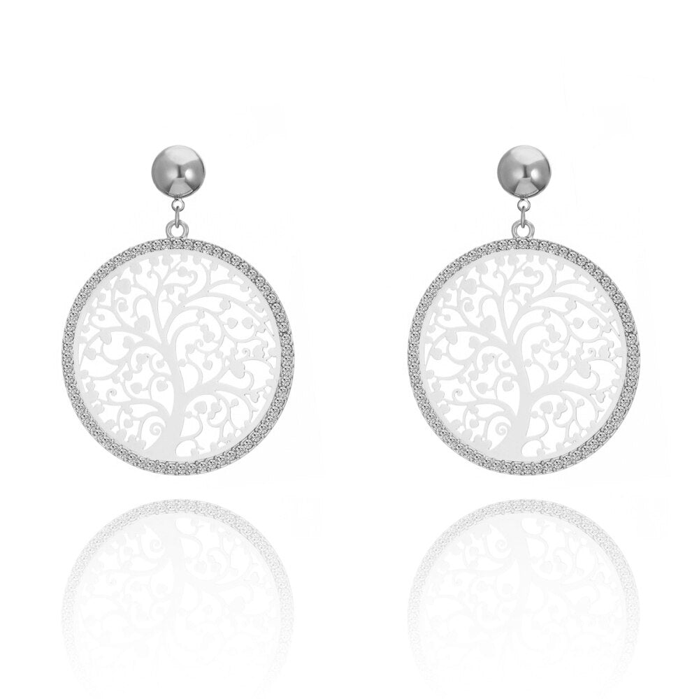 Round Tree of Life Diamond Design Earrings Silverly Color Pendant Earring For Women  Charm Jewelry Wedding Party Gift 2022