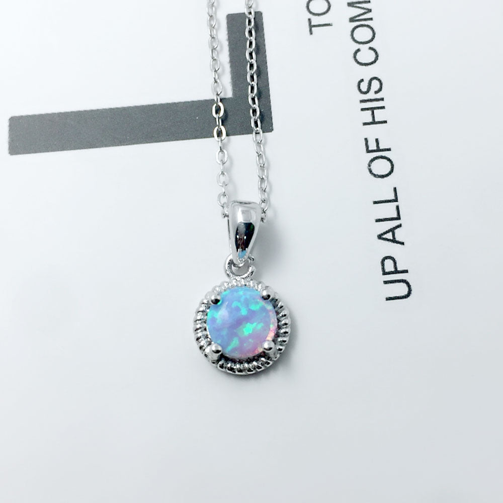 Round White Fire Opal Stone Pendant Necklace Opal 925 Sterling Silver Jewelry Valentine's D Gift for Women (Lam Hub Fong)