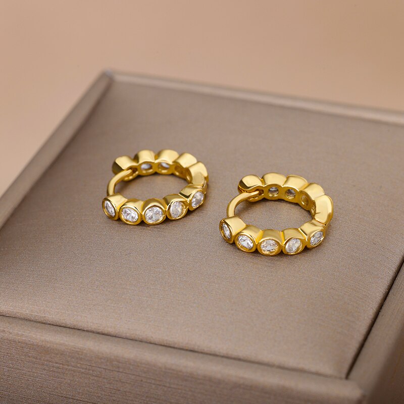Round Zircon Hoop Earrings for Women Stainless Steel Gold Color Earrings 2023 Trend Wedding Couple Rhinestone Jewelry pendientes