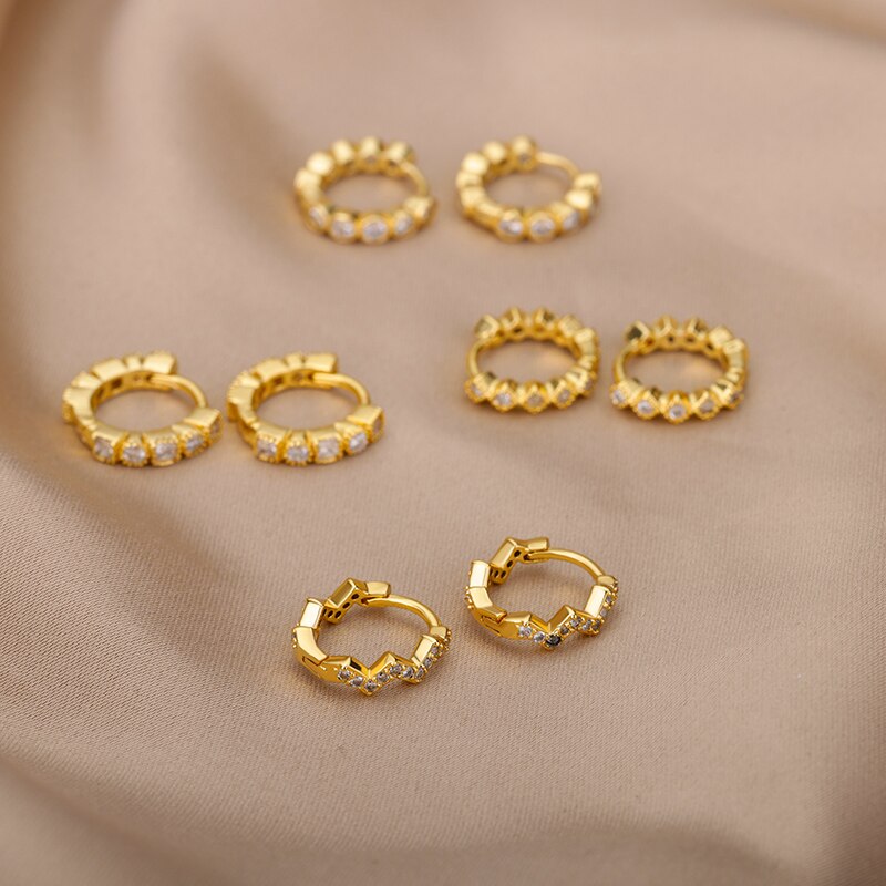 Round Zircon Hoop Earrings for Women Stainless Steel Gold Color Earrings 2023 Trend Wedding Couple Rhinestone Jewelry pendientes