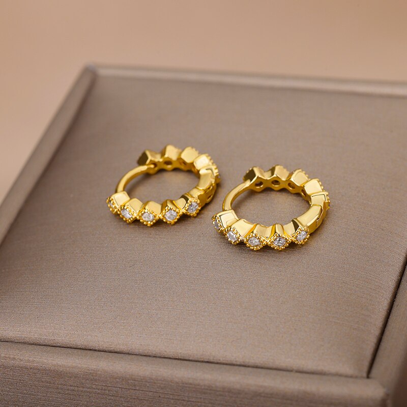 Round Zircon Hoop Earrings for Women Stainless Steel Gold Color Earrings 2023 Trend Wedding Couple Rhinestone Jewelry pendientes