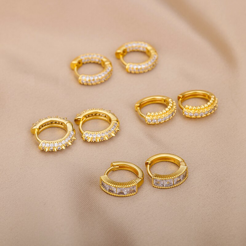 Round Zircon Hoop Earrings for Women Stainless Steel Gold Color Piercing Earrings 2023 Trend Wedding Aesthetic Jewerly aretes