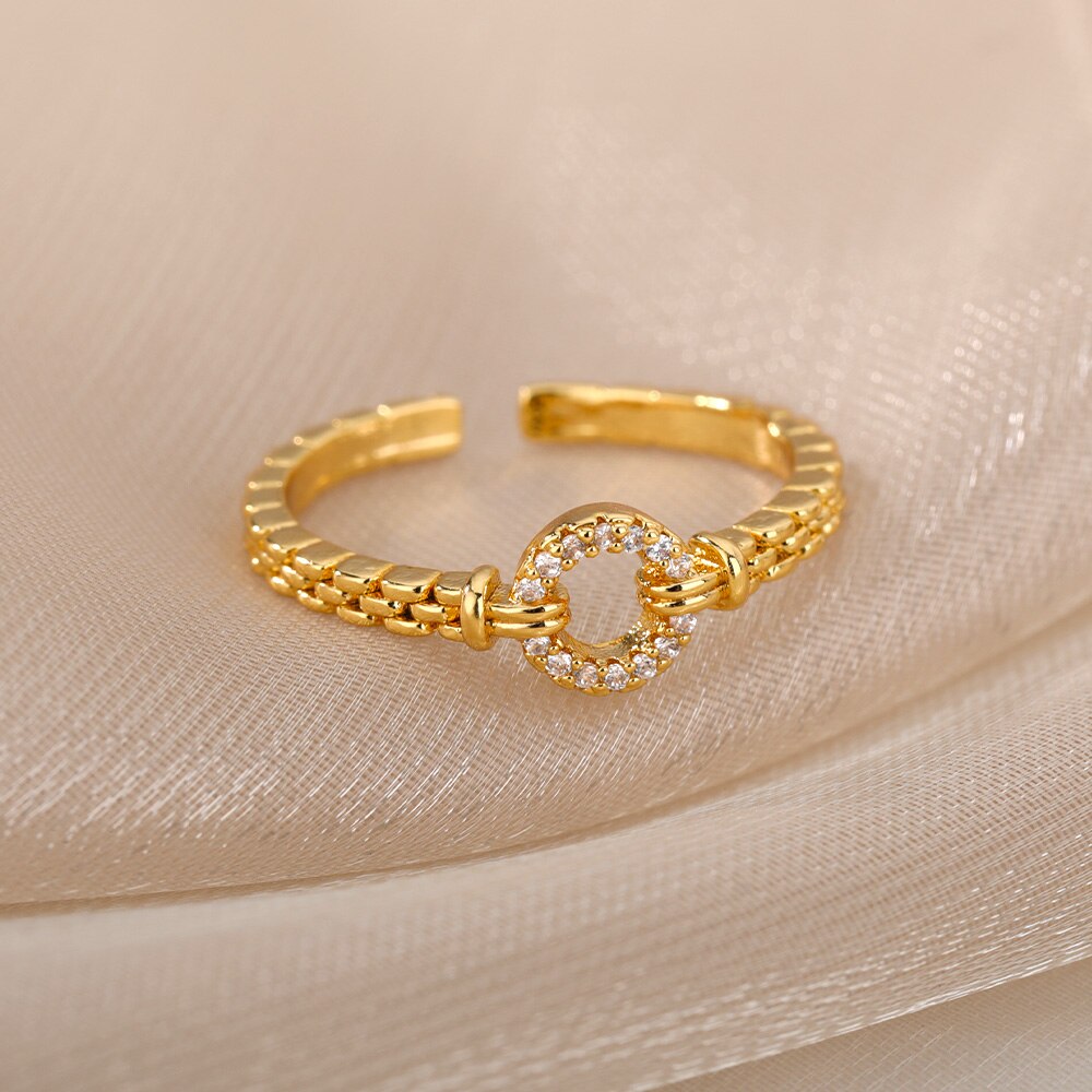 Round Zircon Rings For Women Open Adjustable Stainless Steel Gold Color Ring Couple Wedding Band Aesthetic Jewelry anillos mujer
