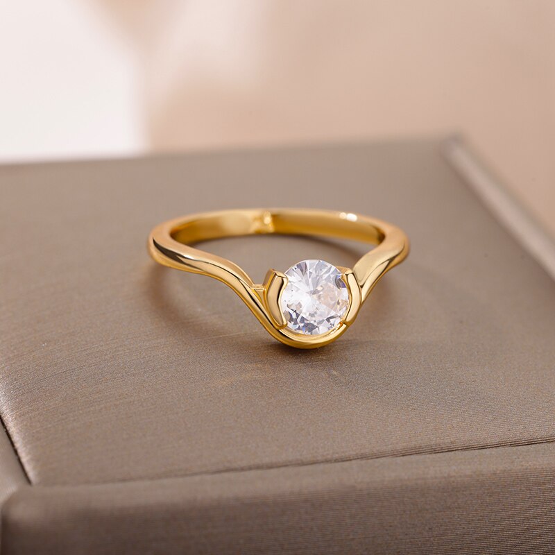 Round Zircon Rings for Women Stainless Steel Gold Color Couple Ring 2023 Trend  Wedding Aesthetic Jewelry anillos