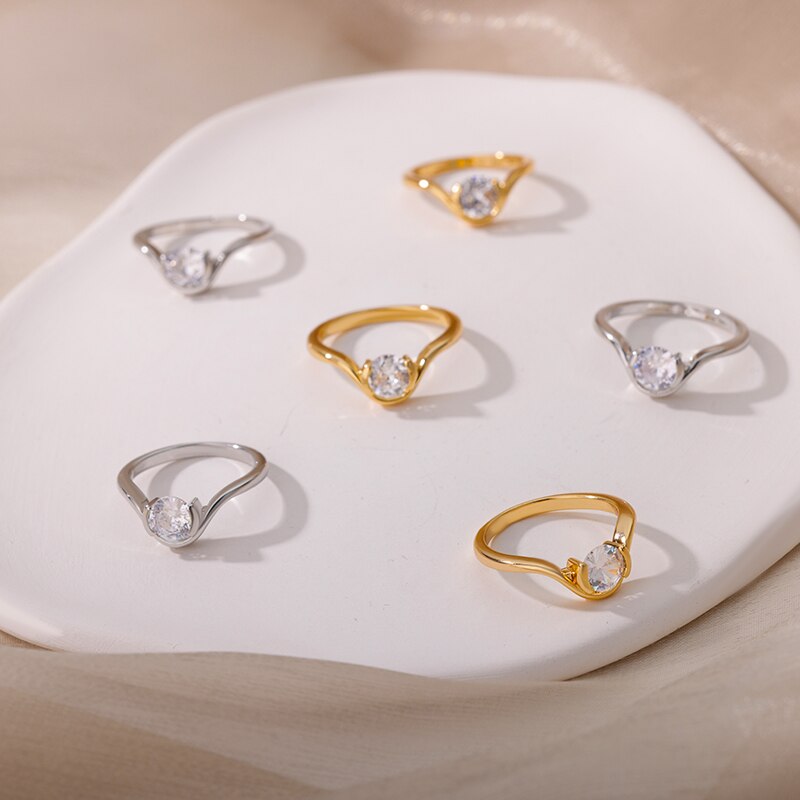 Round Zircon Rings for Women Stainless Steel Gold Color Couple Ring 2023 Trend  Wedding Aesthetic Jewelry anillos