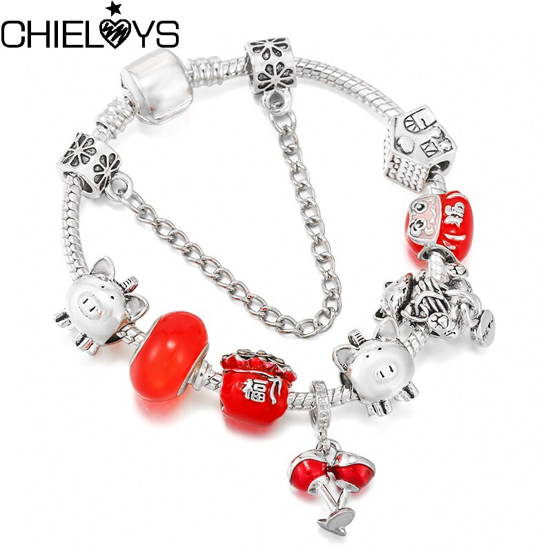 Rred Lucky Bag Piggy Bank Beads Pendant Charm Bracelet For Women With Snake Chain Brand Bracelet Jewelry
