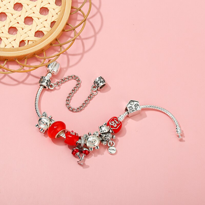 Rred Lucky Bag Piggy Bank Beads Pendant Charm Bracelet For Women With Snake Chain Brand Bracelet Jewelry