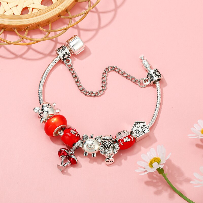 Rred Lucky Bag Piggy Bank Beads Pendant Charm Bracelet For Women With Snake Chain Brand Bracelet Jewelry