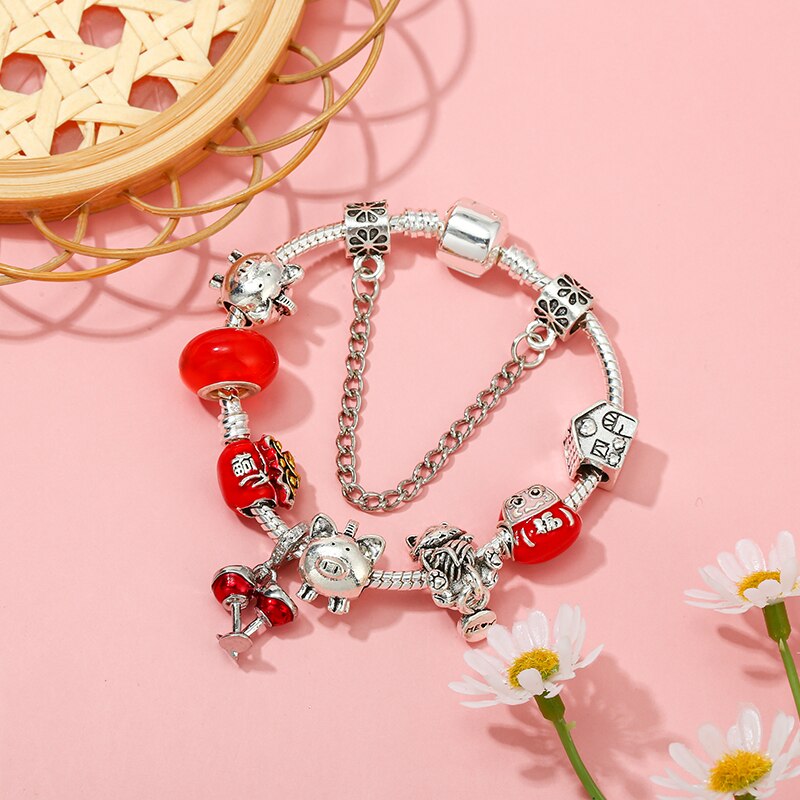 Rred Lucky Bag Piggy Bank Beads Pendant Charm Bracelet For Women With Snake Chain Brand Bracelet Jewelry