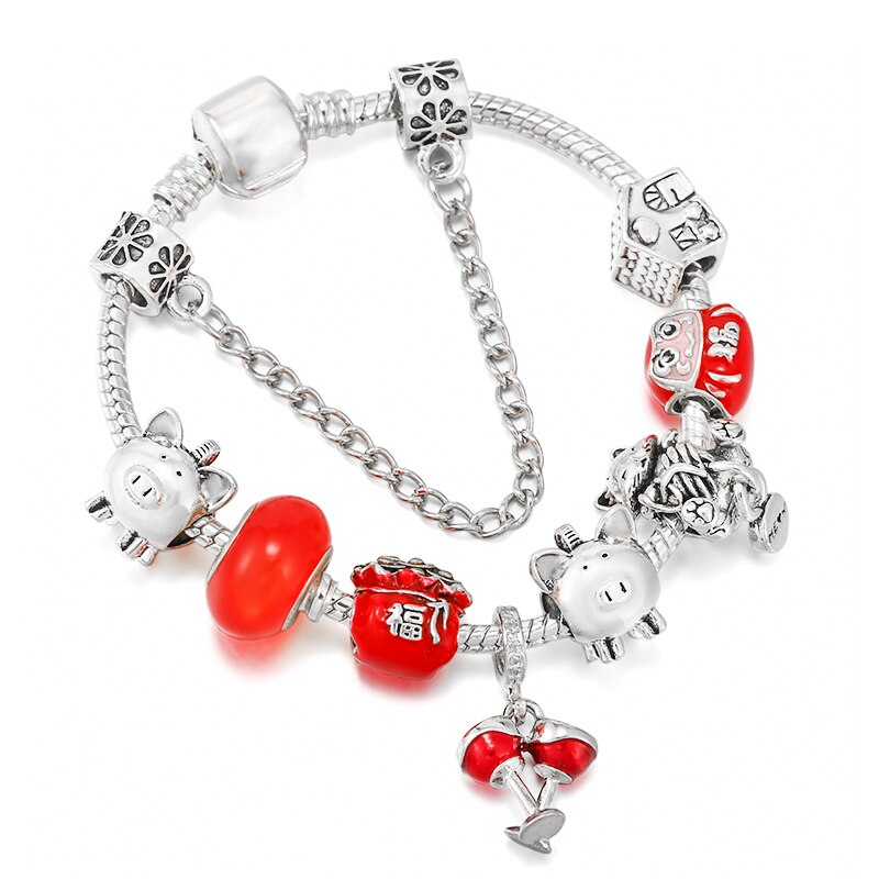 Rred Lucky Bag Piggy Bank Beads Pendant Charm Bracelet For Women With Snake Chain Brand Bracelet Jewelry