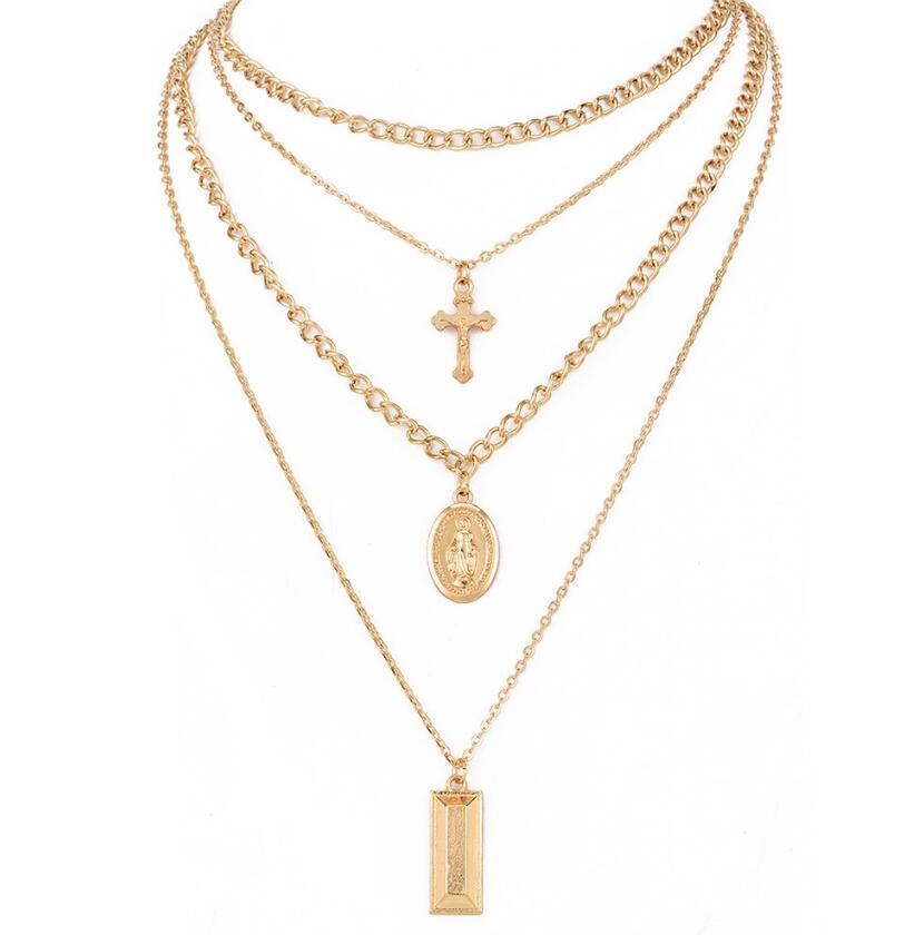 Cross Virgin Chain Alloy Cross Metal Rod 4 Layer Pendant Necklaces Bohemian Jewelery Goddess Catholic Choker Necklace