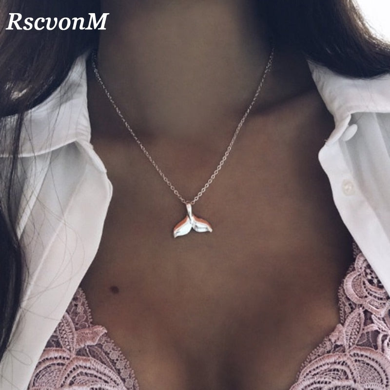 RscvonM Ethnic Whale Tail Pendant Necklace for Women Lovely Mermaid Tail Choker Necklace Mermaid Long Chain Necklace collier