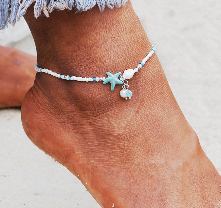 Silver Bohemia Bead Boho Shell Starfish Ankle Bracelet Handmade Beads Anklets For Women Sandal Foot Beach Accessories