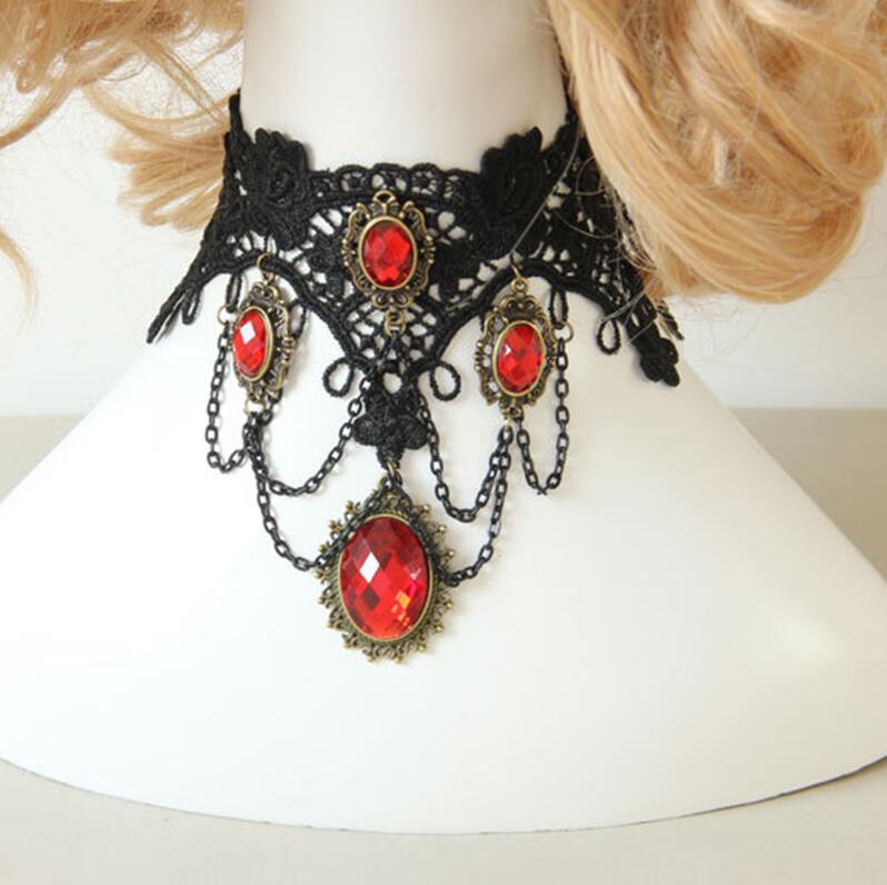 red Acrylic Gem Pendant Necklace Velvet Chain Inlaid Crystal Choker Necklace For Women Fashion Party Jewelry