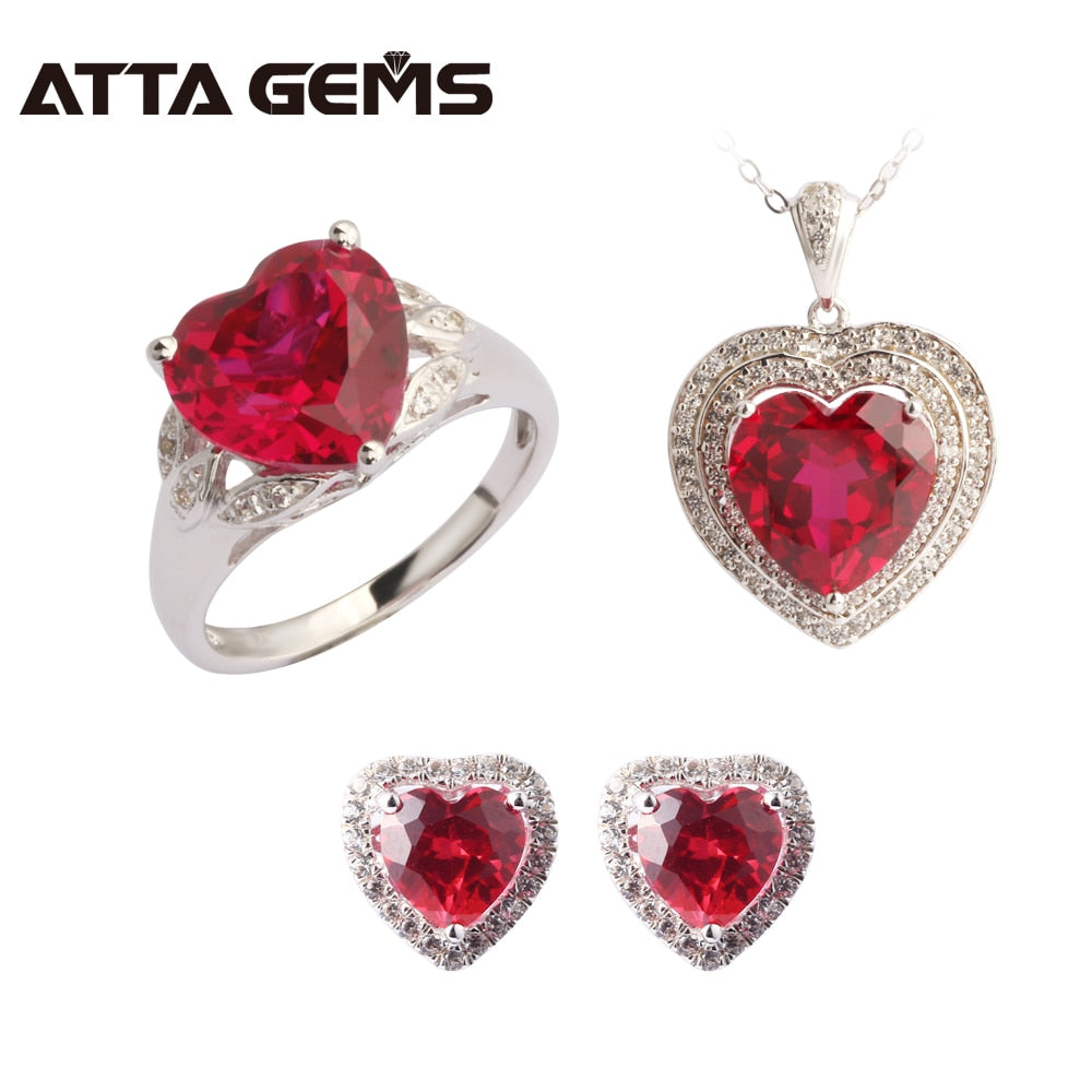 Ruby Sterling Silver Jewelry Set Women Wedding Jewelry Created Ruby Ring Pendant Stud Earring Romantic Fine Jewelry Classic