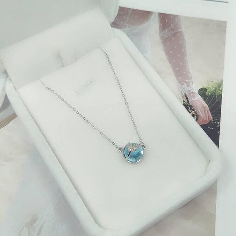 925 Sterling Silver Chain Necklaces Women Ladies Blue Crystal Mermaid Bubble Pendant Necklace Gift for Girlfriend YNC040