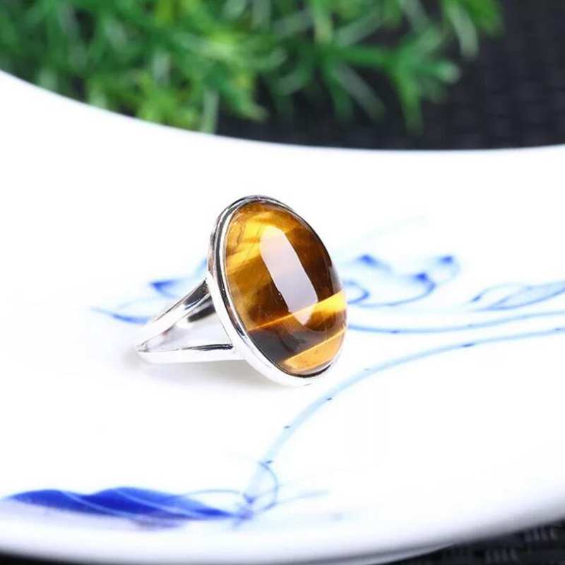 Adjustable Oval Brown Natural Tiger's Eye Gemstone Ring for Women Real 925 Sterling Silver Rings Statement Rings YRI108