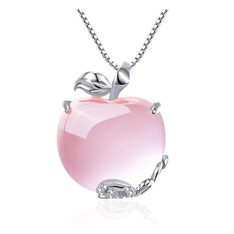 Apple Natural Rose Quartz White/Rose Gold 925 Sterling Silver Fashion Woman Pendants Box Chain Necklaces Jewelry YNC092