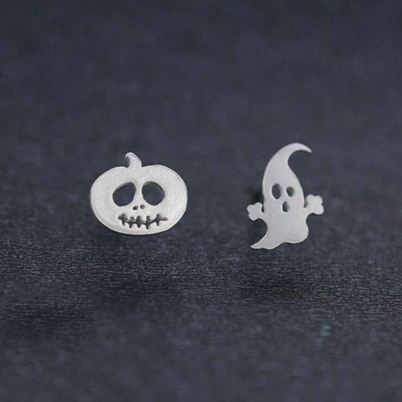 Asymmetrical Pumpkin and Ghost Shape 925 Sterling Silver Stud Earrings for Women Small Earrings Christmas Jewelry YEA234