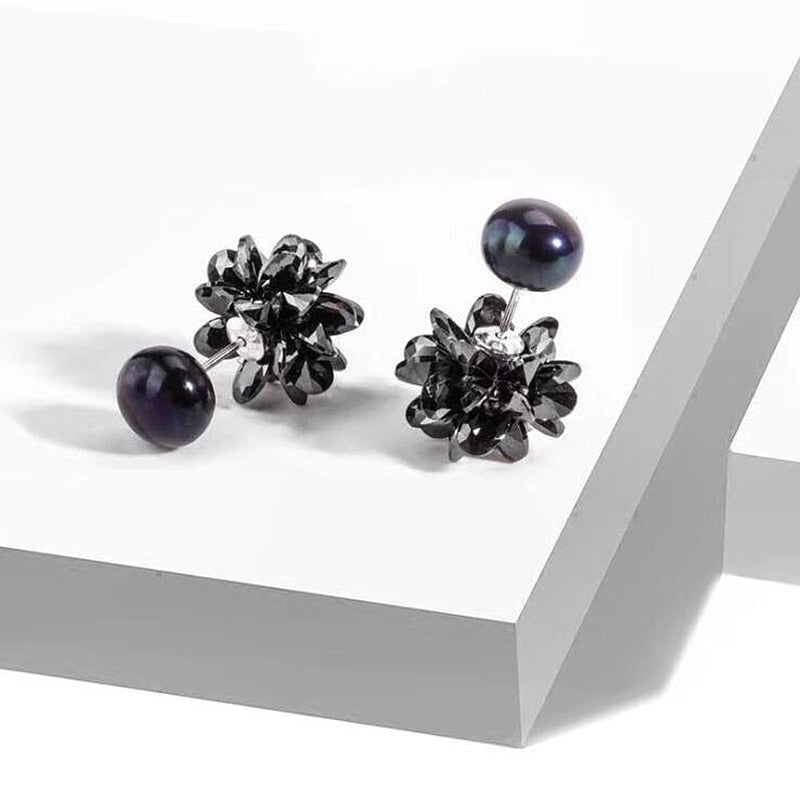 Black Color Natural Pearls Silver 925 Stud Earrings for Women Snowflake Shape CZ Zircon Party Jewelry YEA055