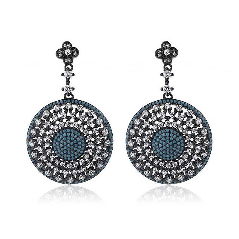 Bohemia Round Shape Turquoise Zircon Drop Earrings for Women Black Color 925 Sterling Silver Female Party Jewelry YEA160