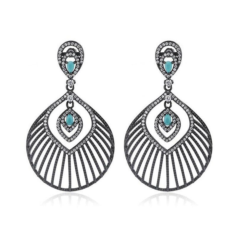 Bohemia Turquoise and Cubic Zirconia Drop Earrings for Women Black Color 925 Sterling Silver Female Party Jewelry YEA158