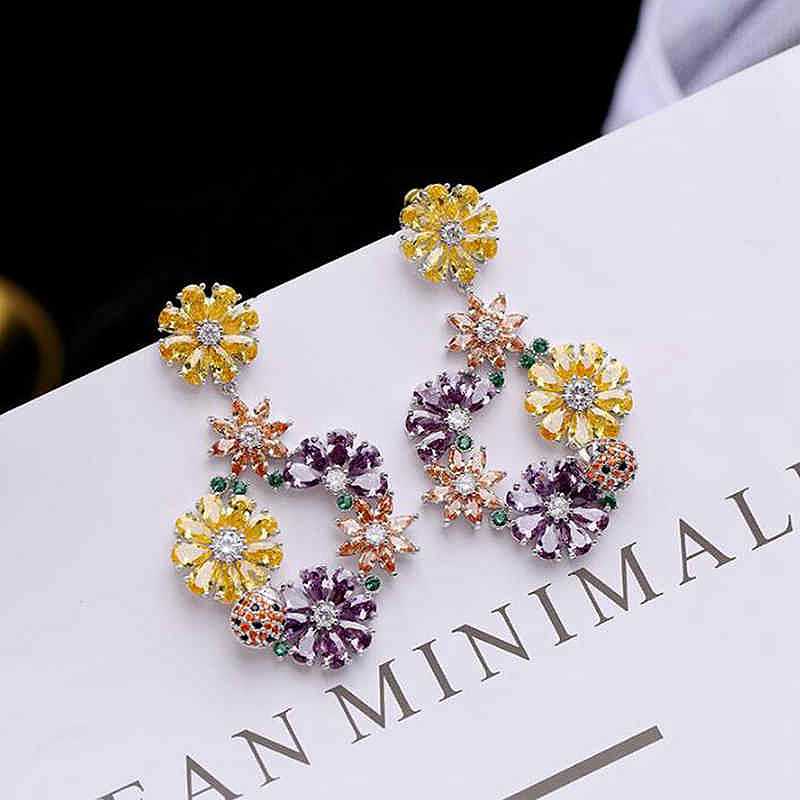Brincos 2020 Flower Yellow Earrings 925 Sterling Silver Pin Drop Earring Bohemian CZ Piercing Earrings for Women YEA061