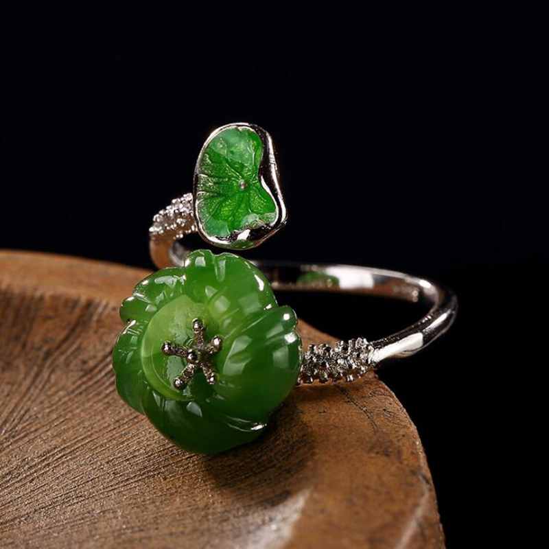 Chinese Ethnic Style Genuine 925 Sterling Silver Rings for Women Flower Leaf Hetian Jasper Silver 925 Jewelry YRI138